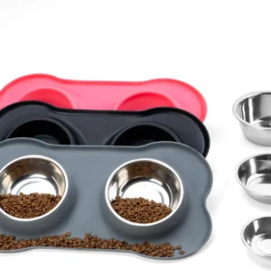 Cat Dog Bowls with Silicone Feeding Mat, No Spill Food Water Dish Set, Dishwasher Safe, 2 Stainless Steel Puppy Bowls, Suitable for Tiny Dogs Kittens Rabbits Pets Under 8lbs