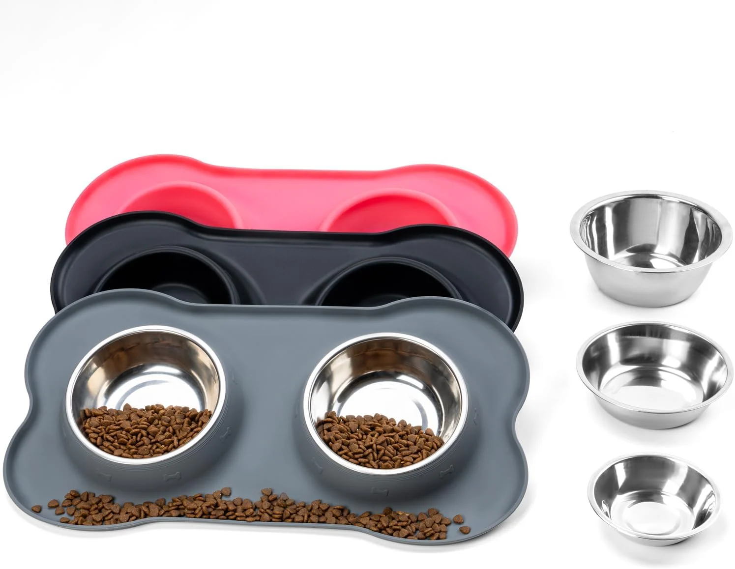 Cat Dog Bowls with Silicone Feeding Mat, No Spill Food Water Dish Set, Dishwasher Safe, 2 Stainless Steel Puppy Bowls, Suitable for Tiny Dogs Kittens Rabbits Pets Under 8lbs