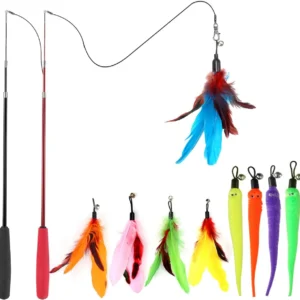 Interactive Cat Toys - Retractable Wand Toy and Feather Toys Refills for Indoor Cats to Chase and Exercise