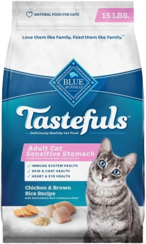 Blue Buffalo Tastefuls Natural Dry Food for Adult Cats, Sensitive Stomach, Chicken & Brown Rice Recipe