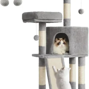 Feandrea Cat Tower, Cat Tree for Indoor Cats, 45.3-Inch Cat Condo with Scratching Post, Ramp, Perch, Spacious Cat Cave