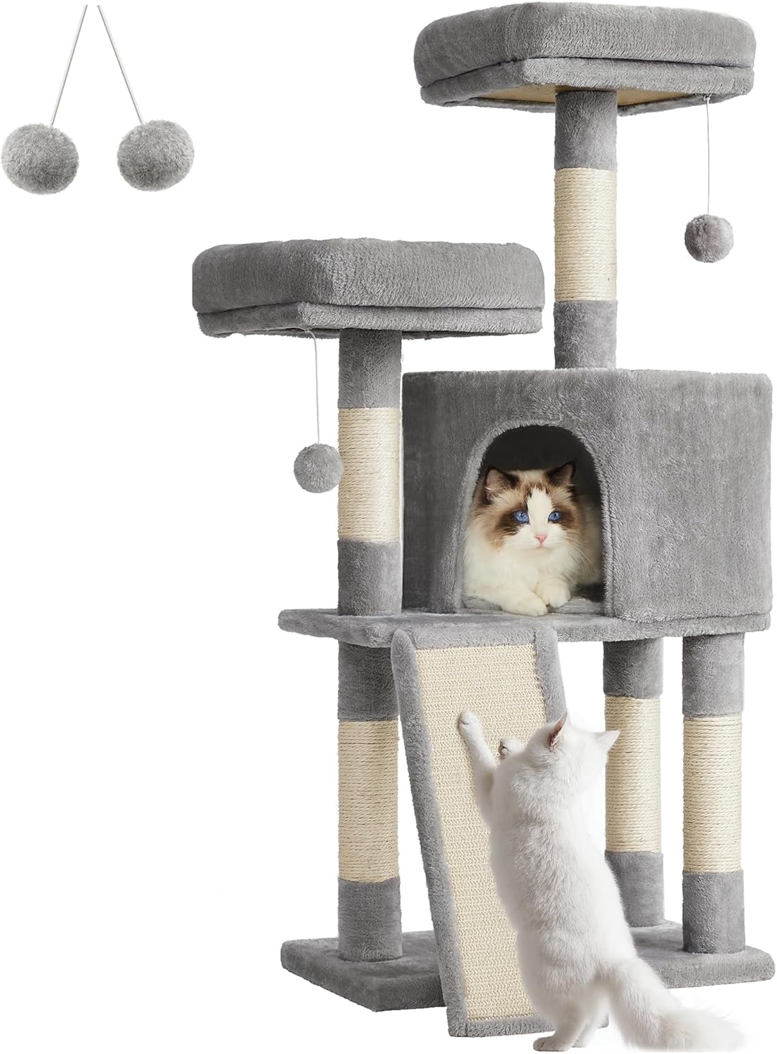 Feandrea Cat Tower, Cat Tree for Indoor Cats, 45.3-Inch Cat Condo with Scratching Post, Ramp, Perch, Spacious Cat Cave