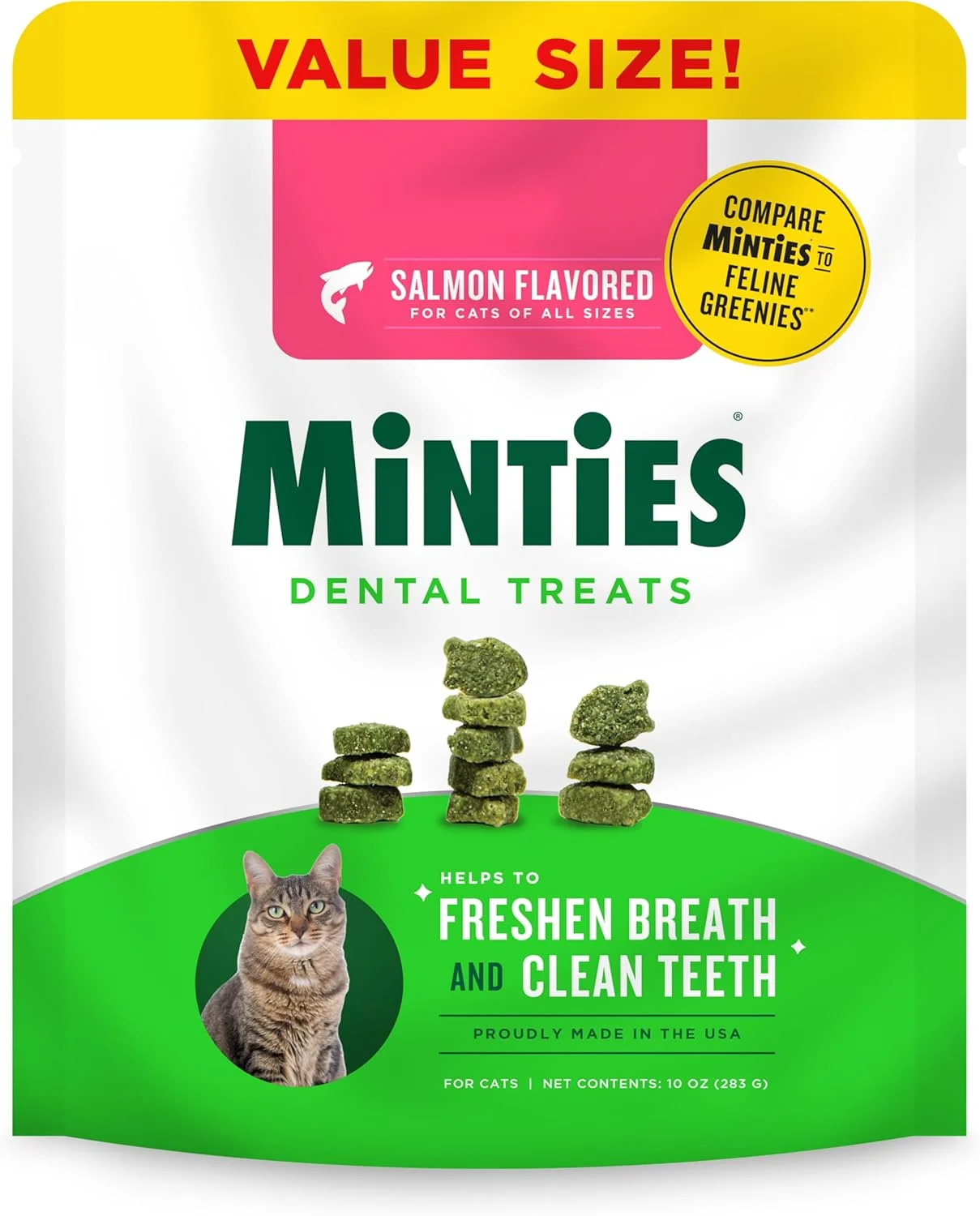 Minties Dental Treats for Cats, Salmon Flavored Treats for Cats, Freshens Breath and Controls Tartar