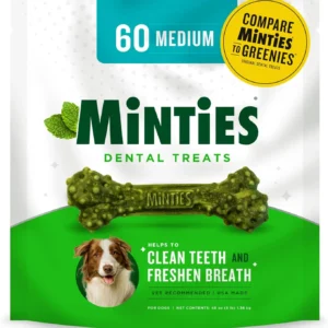 Minties Dental Chews for Dogs, 60 Count, Vet-Recommended Mint-Flavored Treats for Medium Dogs 25-50 lbs