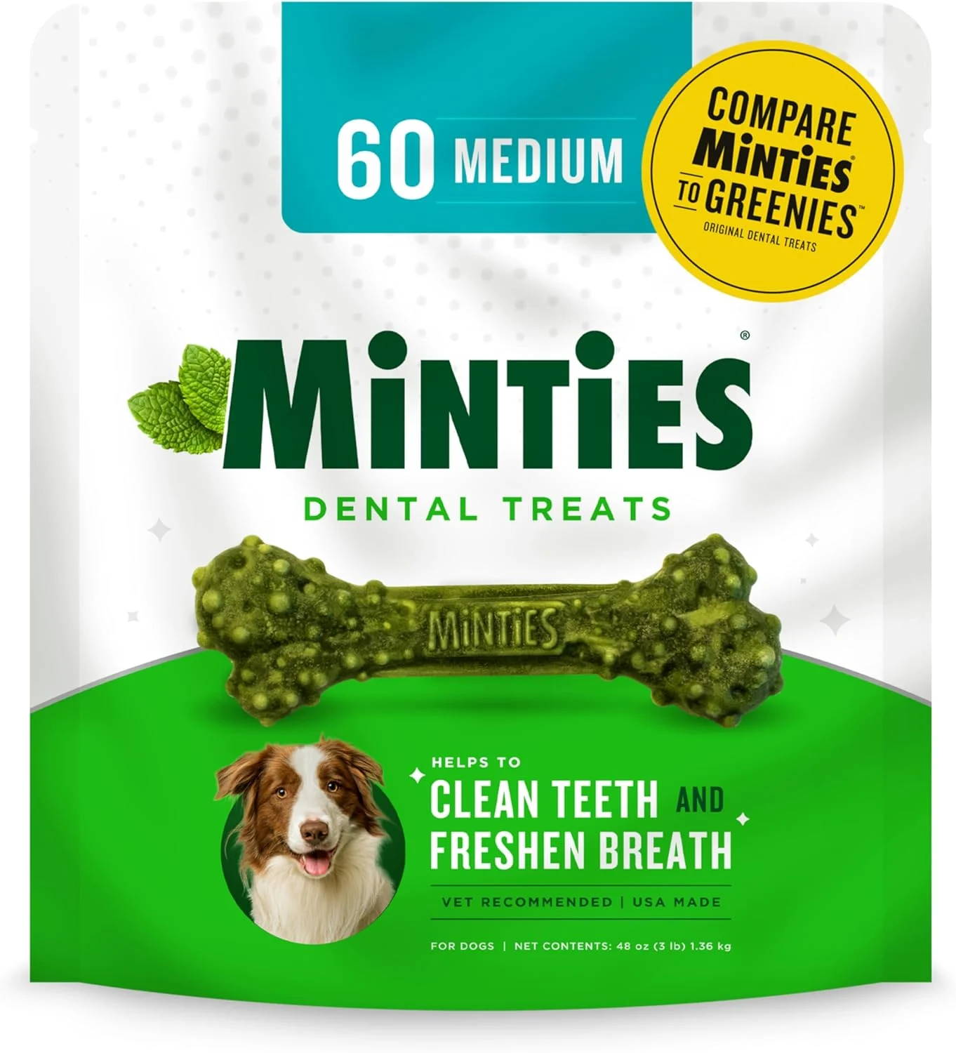 Minties Dental Chews for Dogs, 60 Count, Vet-Recommended Mint-Flavored Treats for Medium Dogs 25-50 lbs