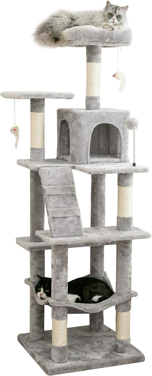 MWPO 63.8 inches Multi-Level Cat Tree for Large Cats with Sisal-Covered Scratching Posts, Padded Platform, Hammock and Condo