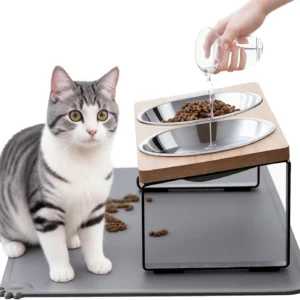Upgraded Elevated Cat Bowls with Food Mat,15°Tilted Stand Anti Vomiting Raised Cat Dishes for Food and Water