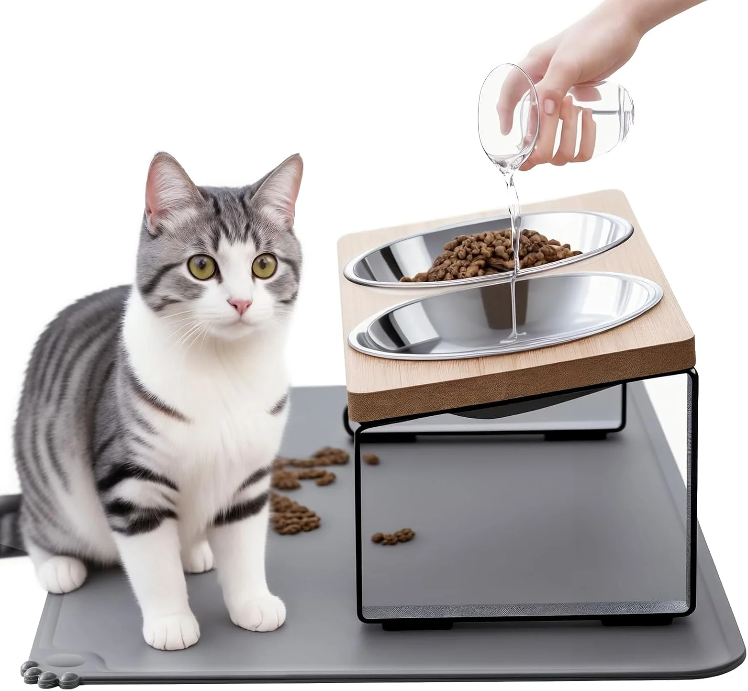 Upgraded Elevated Cat Bowls with Food Mat,15°Tilted Stand Anti Vomiting Raised Cat Dishes for Food and Water